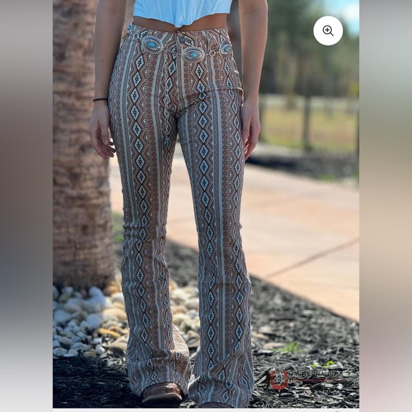 Rock & Roll Cowgirl Denim - Rock & Roll-brown & teal Aztec print flare jeans